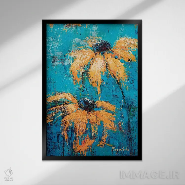 تابلو انتزاعی گل های سوسن سیاه چشم اثر اولنا بوگاتسکا - نمای قابدار مشکی