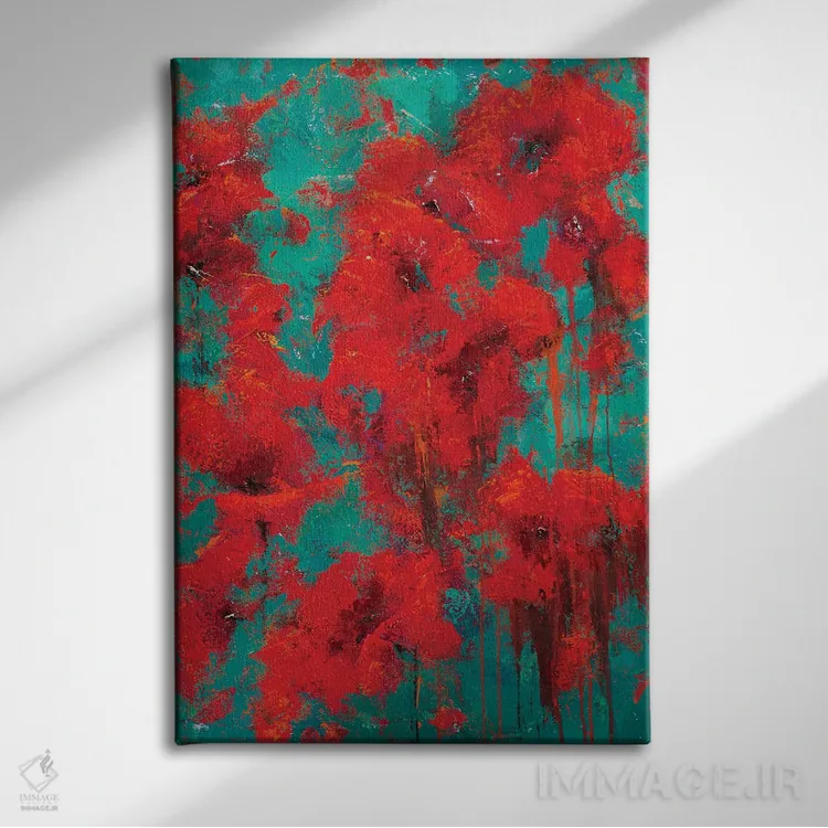 تابلو انتزاعی گل های قرمز ۲۰۲۲ اثر اولنا بوگاتسکا - نمای روبهرو روی دیوار