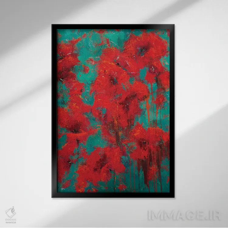 تابلو انتزاعی گل های قرمز ۲۰۲۲ اثر اولنا بوگاتسکا - نمای قابدار مشکی