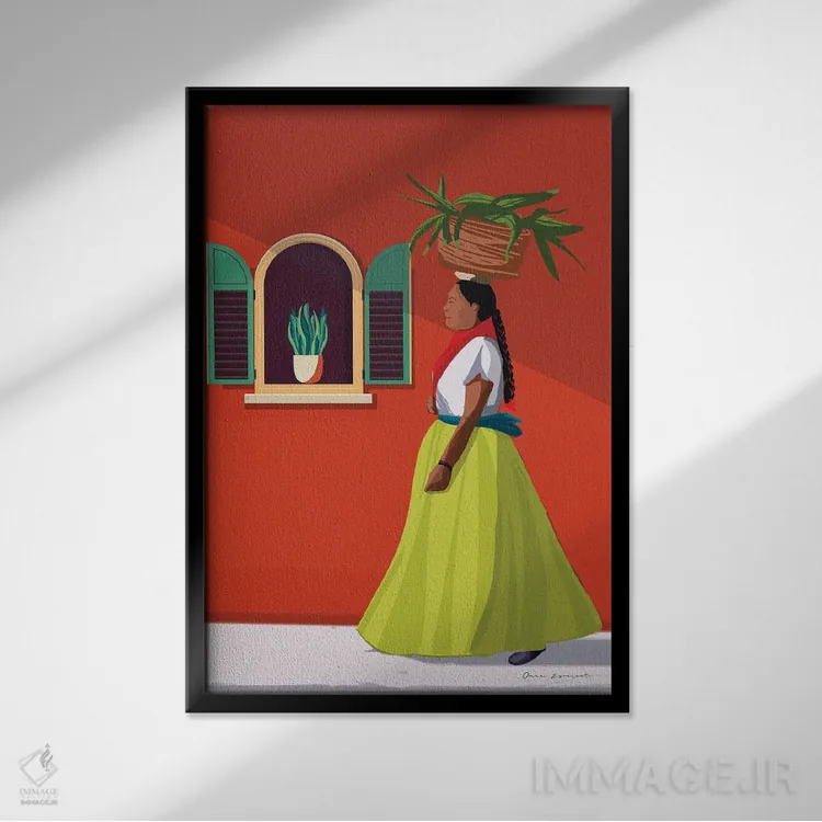 تابلو دکوراتیو زن در روز بازار اثر عمر اسکالانته - نمای قابدار مشکی