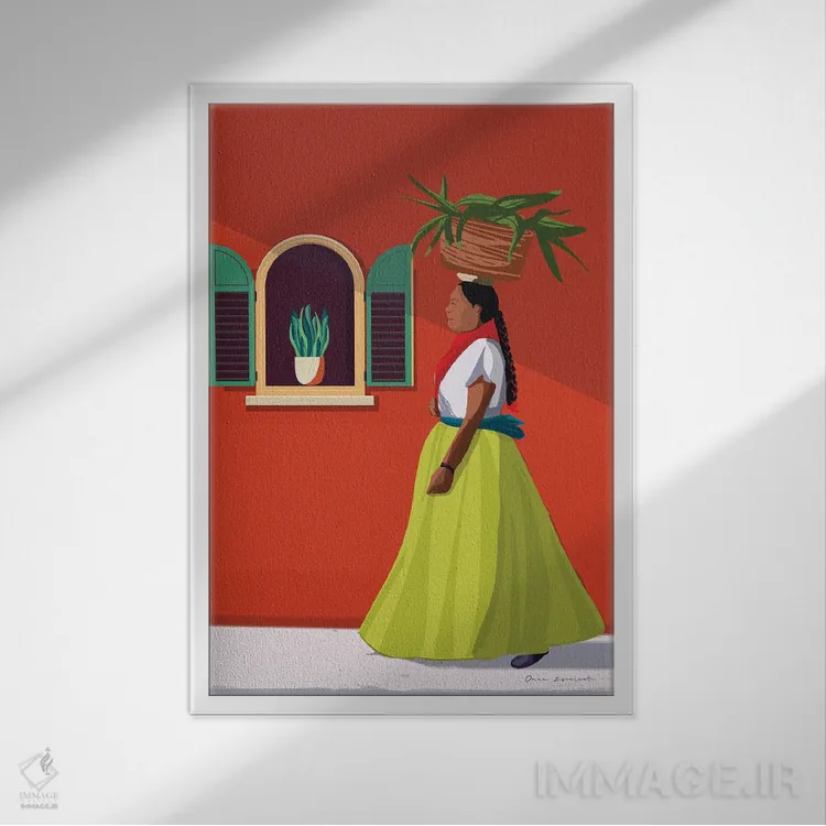 تابلو دکوراتیو زن در روز بازار اثر عمر اسکالانته - نمای قابدار سفید