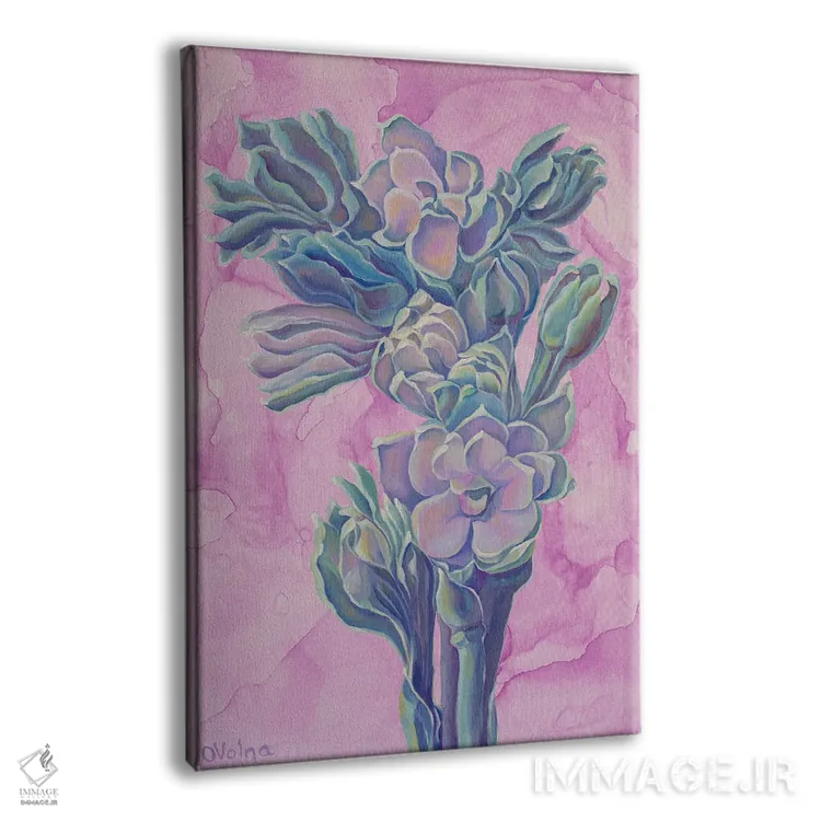 تابلو دکوراتیو دسته گل فیروزه ای بر زمینه ی یاسی اثر الگا ولنا - نمای پرسپکتیو محصول