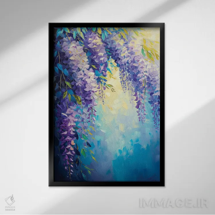 تابلو دکوراتیو شاخه ی گلیسینیا اثر الگا ولنا - نمای قابدار مشکی