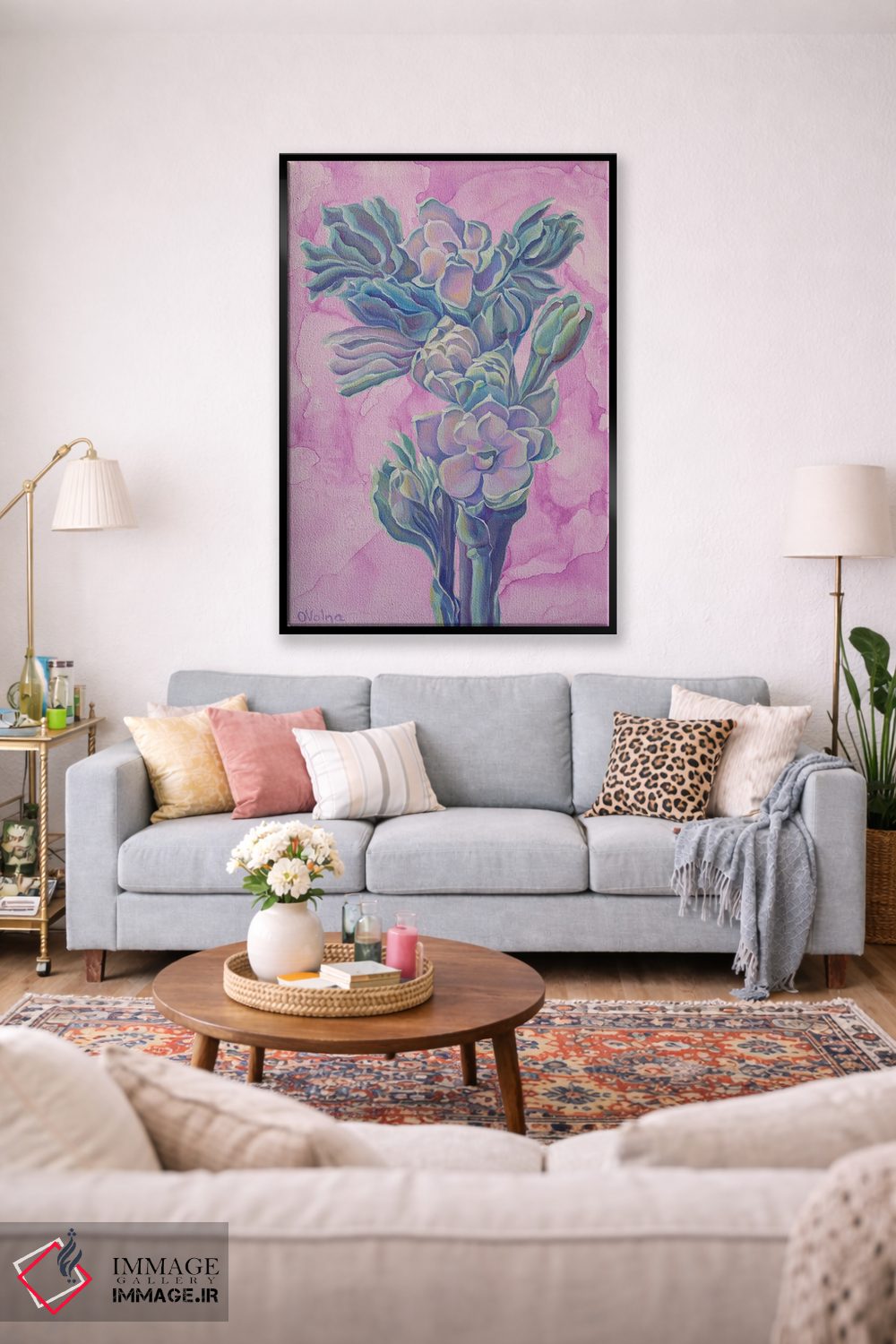 تابلو دکوراتیو دسته گل فیروزه ای بر زمینه ی یاسی اثر الگا ولنا - D2B