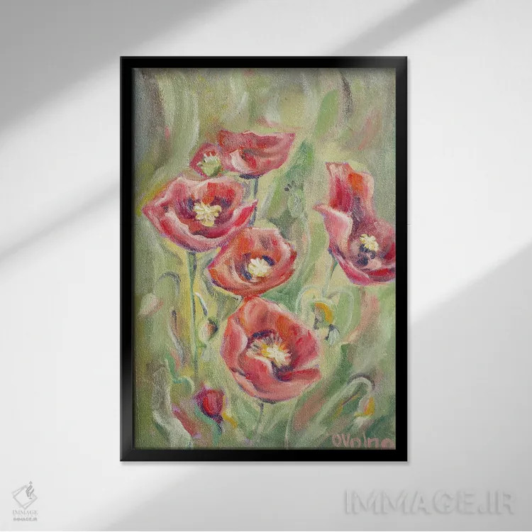 تابلو دکوراتیو شقایق ها اثر الگا ولنا - نمای قابدار مشکی