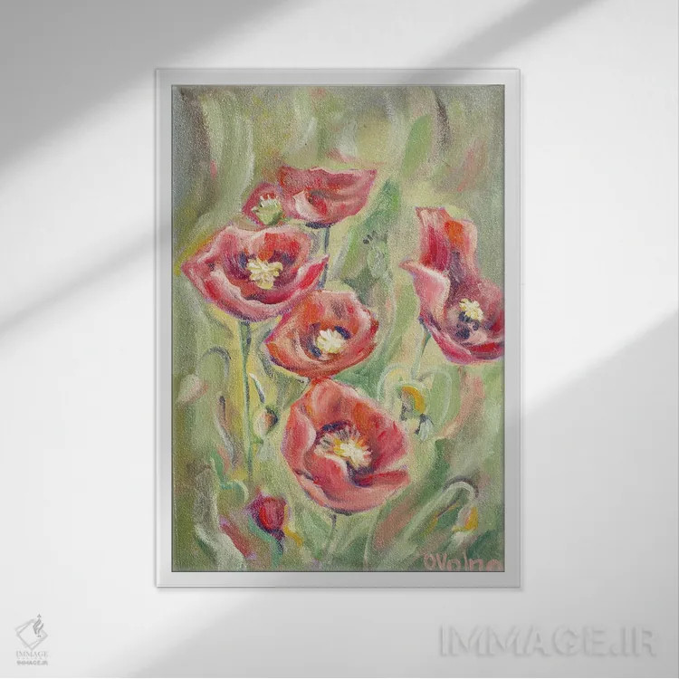 تابلو دکوراتیو شقایق ها اثر الگا ولنا - نمای قابدار سفید