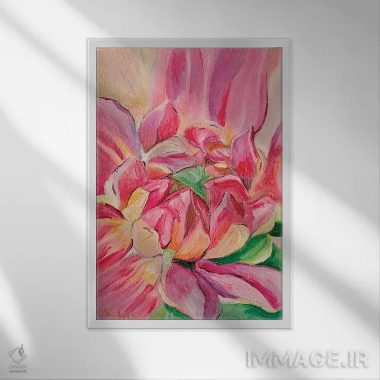 تابلو دکوراتیو گل صورتی اثر الگا ولنا - نمای قابدار سفید