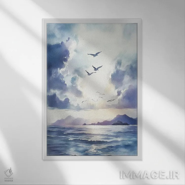 تابلو دکوراتیو پرواز مرغ های دریایی اثر الگا ولنا - نمای قابدار سفید