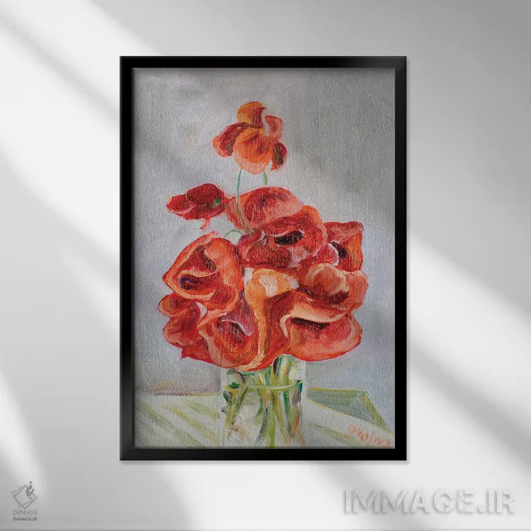 تابلو دکوراتیو دسته گل شقایق ها اثر الگا ولنا - نمای قابدار مشکی