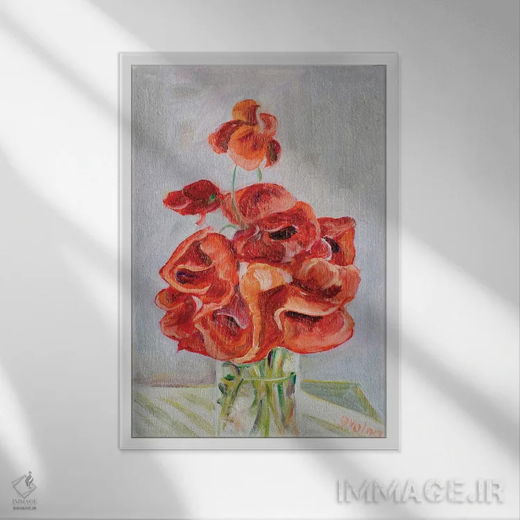 تابلو دکوراتیو دسته گل شقایق ها اثر الگا ولنا - نمای قابدار سفید