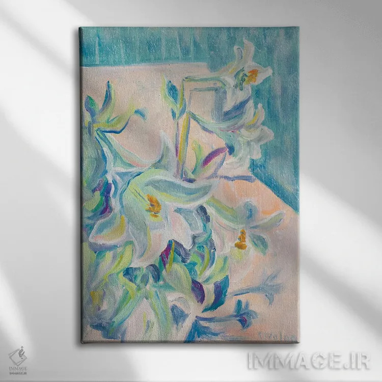 تابلو دکوراتیو سوسن ها اثر الگا ولنا - نمای روبهرو روی دیوار
