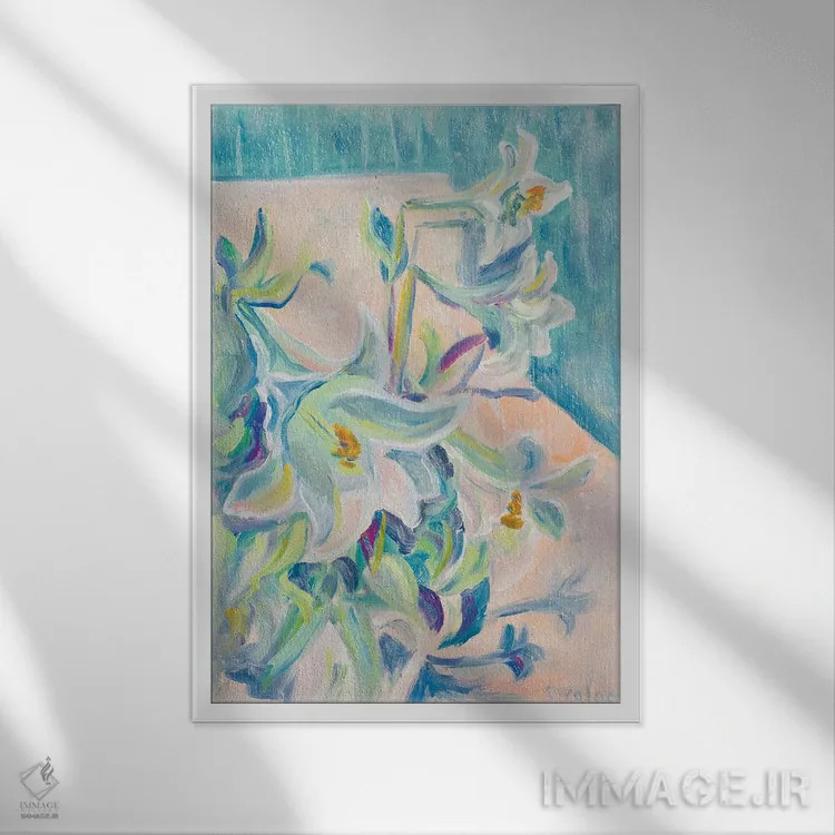 تابلو دکوراتیو سوسن ها اثر الگا ولنا - نمای قابدار سفید