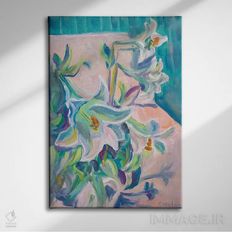 تابلو دکوراتیو دسته گل سوسن اثر الگا ولنا - نمای روبهرو روی دیوار