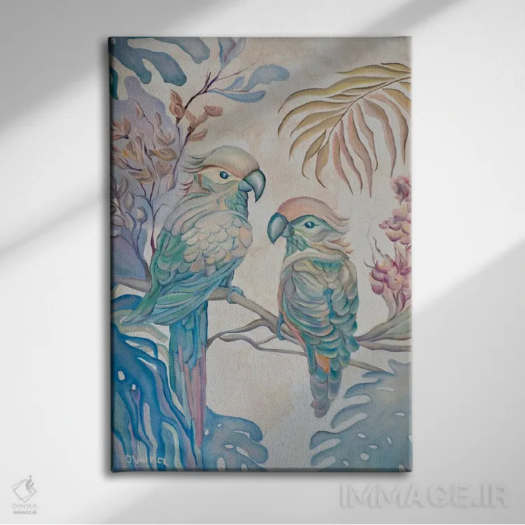 تابلو دکوراتیو طوطی های پاستلی اثر الگا ولنا - نمای روبهرو روی دیوار
