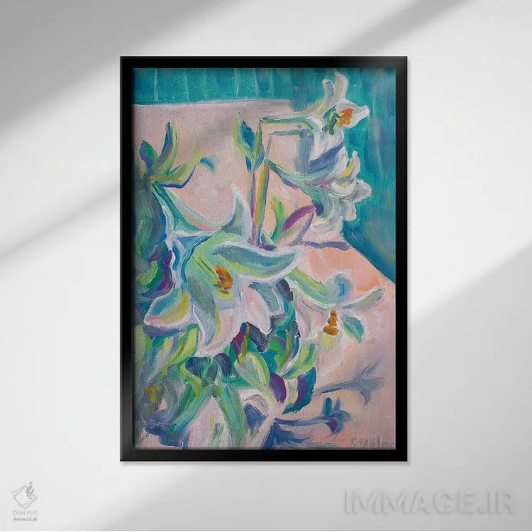 تابلو دکوراتیو دسته گل سوسن اثر الگا ولنا - نمای قابدار مشکی