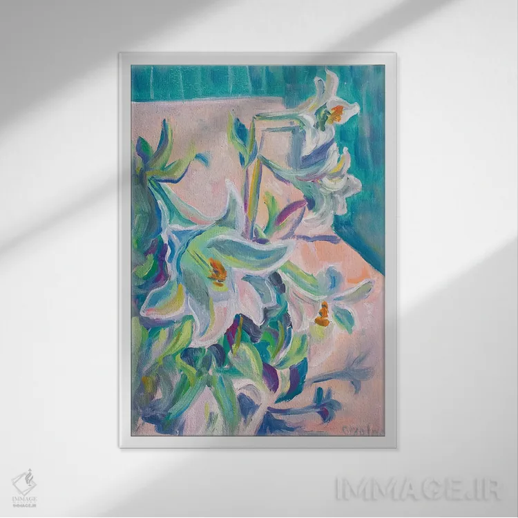 تابلو دکوراتیو دسته گل سوسن اثر الگا ولنا - نمای قابدار سفید