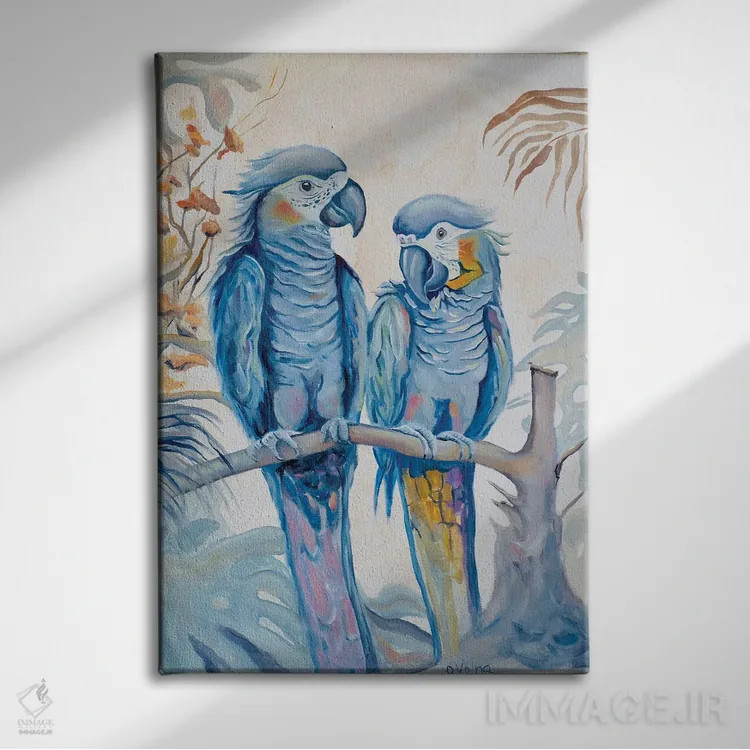 تابلو دکوراتیو طوطی های عاشق اثر الگا ولنا - نمای روبهرو روی دیوار