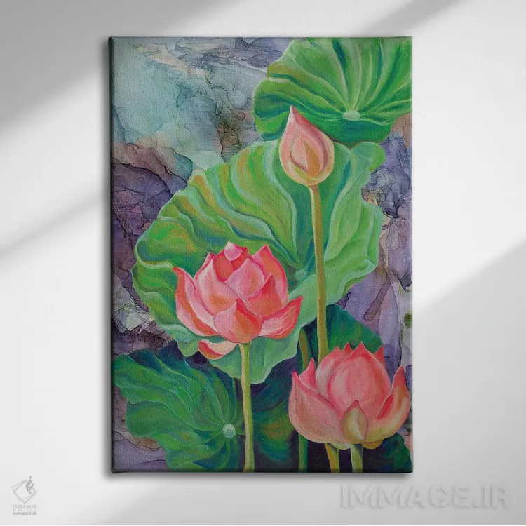 تابلو دکوراتیو نیلوفرها اثر الگا ولنا - نمای روبهرو روی دیوار