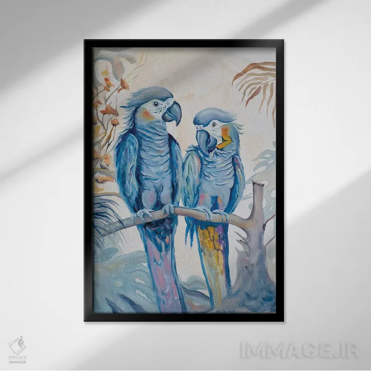 تابلو دکوراتیو طوطی های عاشق اثر الگا ولنا - نمای قابدار مشکی