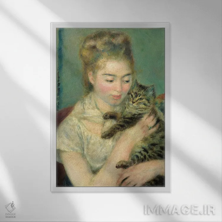 تابلو کلاسیک زن با گربه ، ۱۸۷۵ اثر پیر-اوگوست رنوار - نمای قابدار سفید