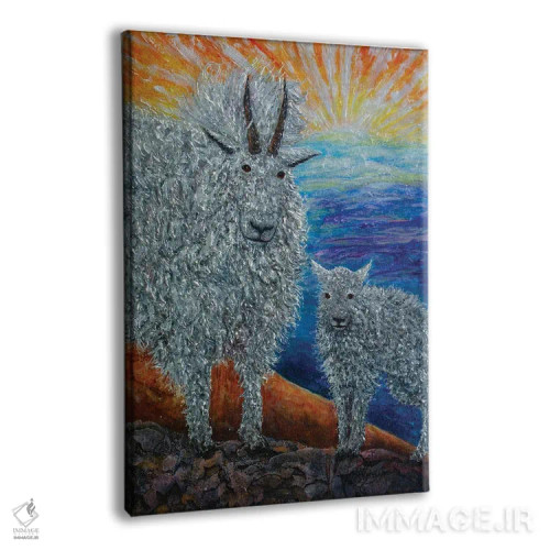 تابلو دکوراتیو یک بزشاه دلبر کوهستانی با بزغاله هایش اثر اولنا آرت - نمای پرسپکتیو محصول