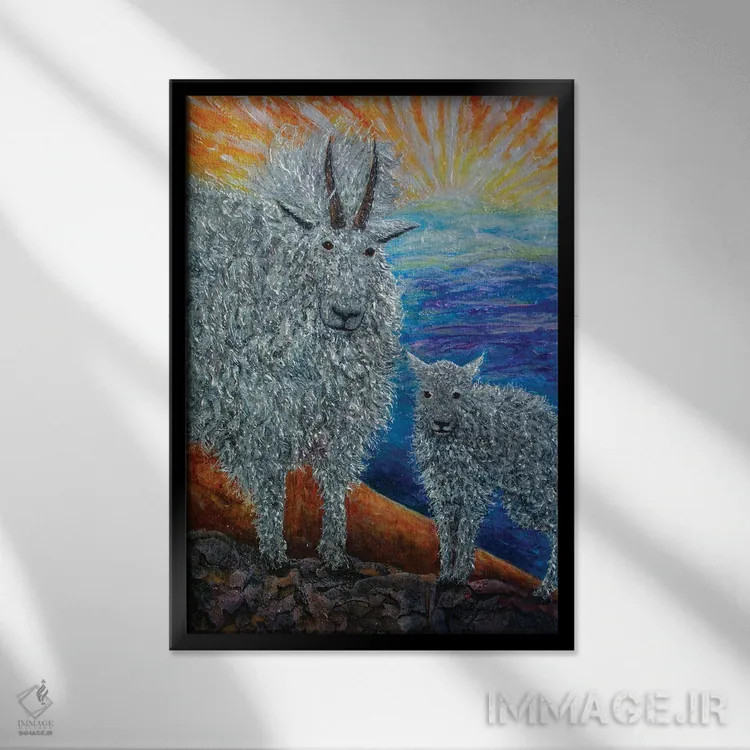 تابلو دکوراتیو یک بزشاه دلبر کوهستانی با بزغاله هایش اثر اولنا آرت - نمای قابدار مشکی