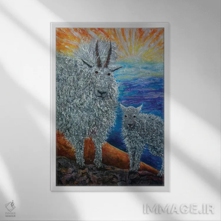 تابلو دکوراتیو یک بزشاه دلبر کوهستانی با بزغاله هایش اثر اولنا آرت - نمای قابدار سفید