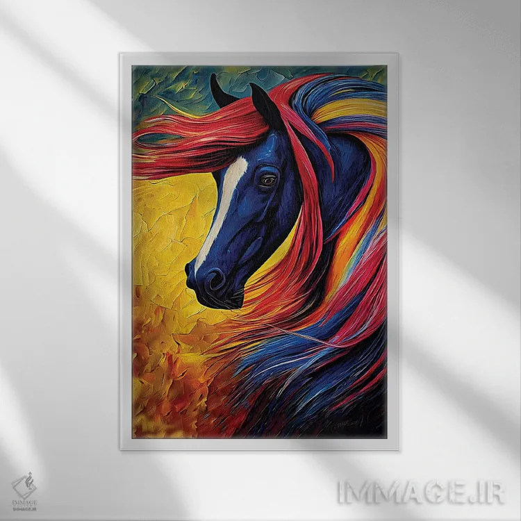 تابلو دکوراتیو اسب رنگارنگ اثر اولنا آرت - نمای قابدار سفید