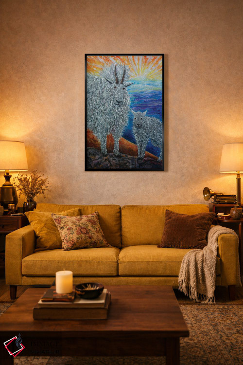 تابلو دکوراتیو یک بزشاه دلبر کوهستانی با بزغاله هایش اثر اولنا آرت - D2B