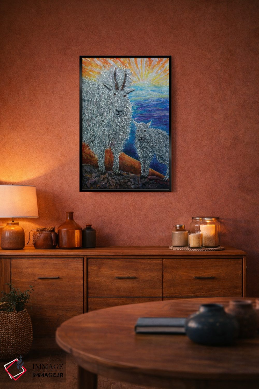 تابلو دکوراتیو یک بزشاه دلبر کوهستانی با بزغاله هایش اثر اولنا آرت - D4B