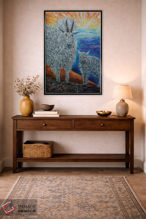 تابلو دکوراتیو یک بزشاه دلبر کوهستانی با بزغاله هایش اثر اولنا آرت - D3B