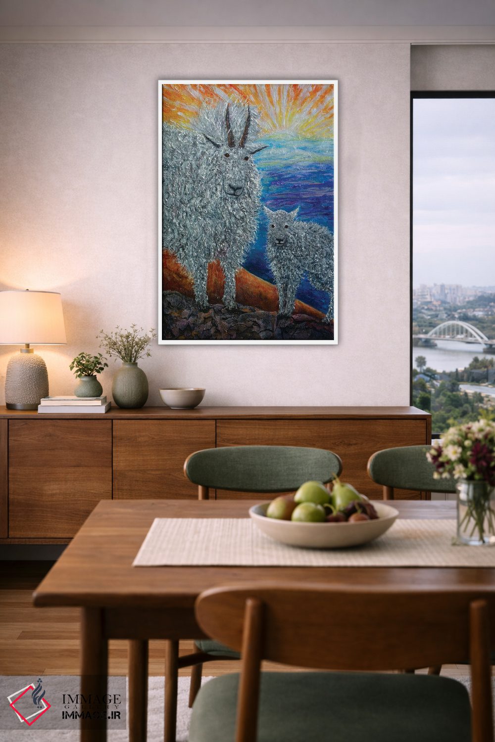 تابلو دکوراتیو یک بزشاه دلبر کوهستانی با بزغاله هایش اثر اولنا آرت - D6W