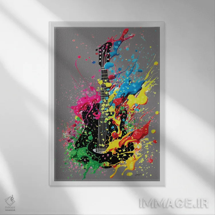 تابلو دکوراتیو رنگ های موسیقی، تصویرسازی گیتار آکوستیک انتزاعی روی زمینه خاک… اثر اولنا آرت - نمای قابدار سفید