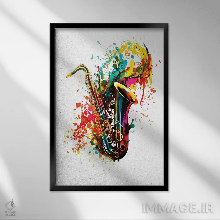 تابلو دکوراتیو طرح مدرن ساکسیفون با زمینه انتزاعی اثر اولنا آرت - نمای قابدار مشکی