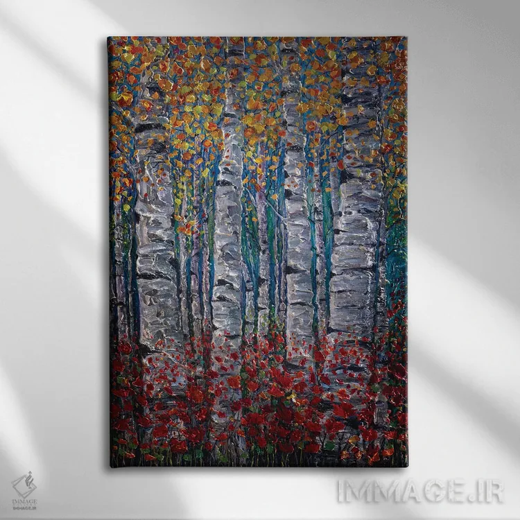 تابلو دکوراتیو نقاشی پالت نایف از بیشه سپیدار در جایی نامعلوم II اثر اولنا آرت - نمای روبهرو روی دیوار