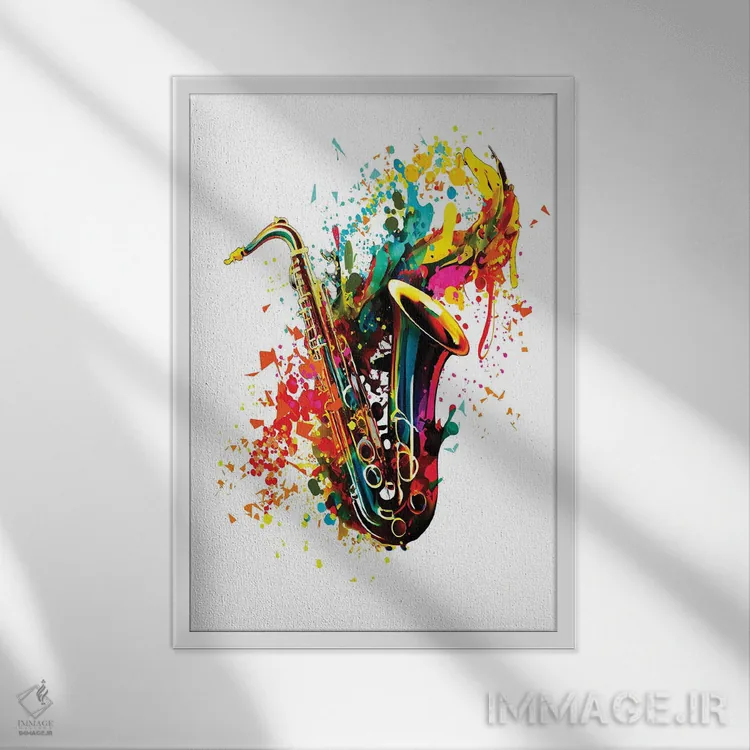 تابلو دکوراتیو طرح مدرن ساکسیفون با زمینه انتزاعی اثر اولنا آرت - نمای قابدار سفید