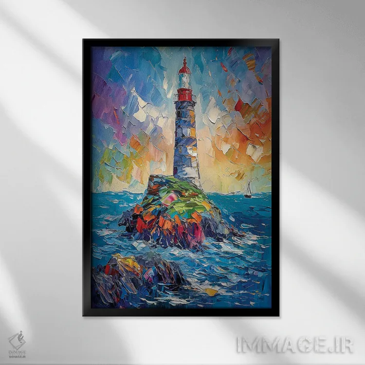 تابلو دکوراتیو فانوس دریایی دریا اثر اولنا آرت - نمای قابدار مشکی