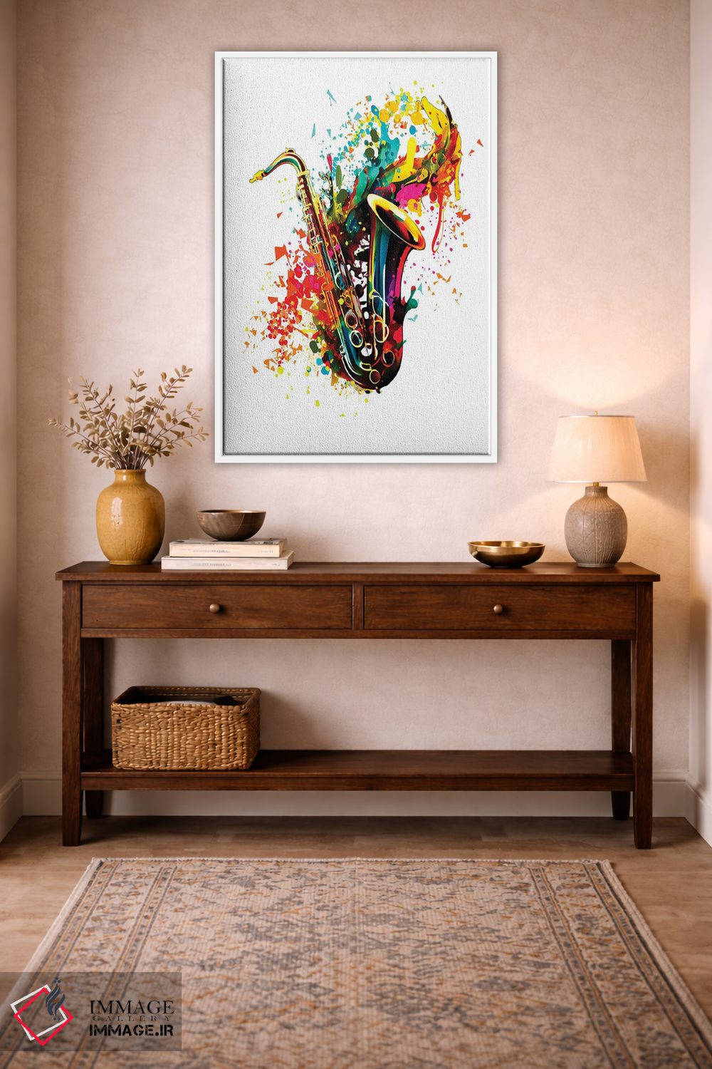 تابلو دکوراتیو طرح مدرن ساکسیفون با زمینه انتزاعی اثر اولنا آرت - D2W