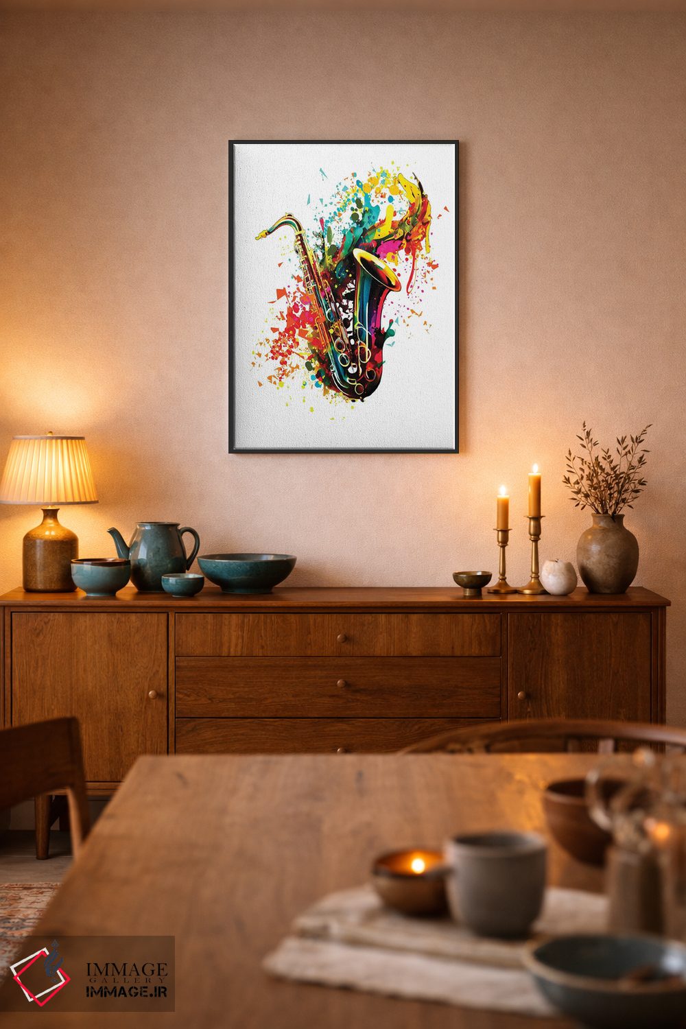 تابلو دکوراتیو طرح مدرن ساکسیفون با زمینه انتزاعی اثر اولنا آرت - D5B