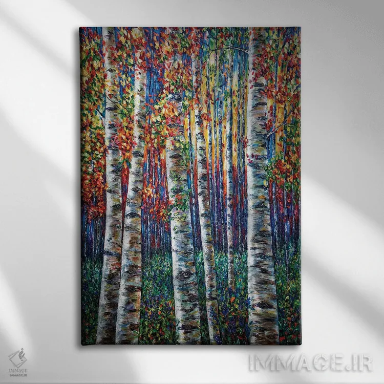 تابلو دکوراتیو سمفونی سپیدارها، نقاشی جنگل با تکنیک ایمپاستو اثر اولنا آرت - نمای روبهرو روی دیوار