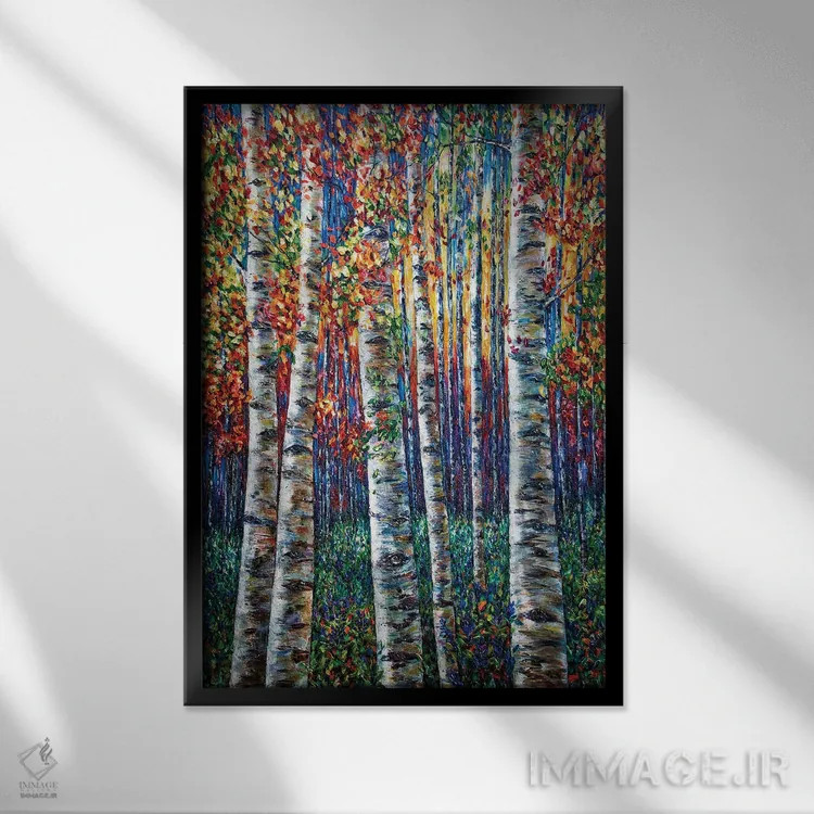 تابلو دکوراتیو سمفونی سپیدارها، نقاشی جنگل با تکنیک ایمپاستو اثر اولنا آرت - نمای قابدار مشکی