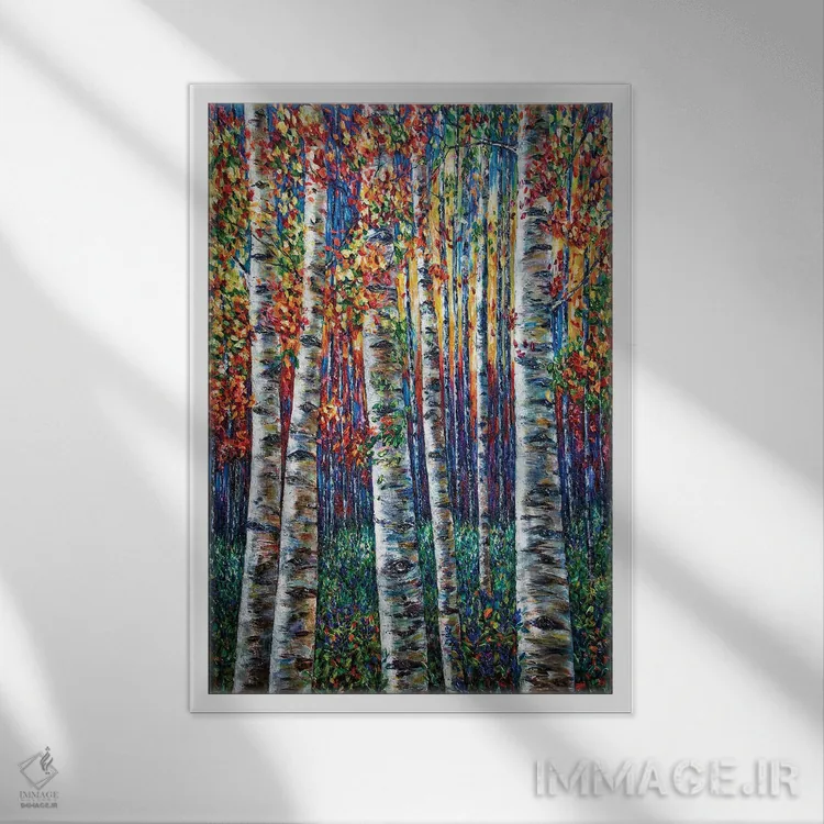 تابلو دکوراتیو سمفونی سپیدارها، نقاشی جنگل با تکنیک ایمپاستو اثر اولنا آرت - نمای قابدار سفید