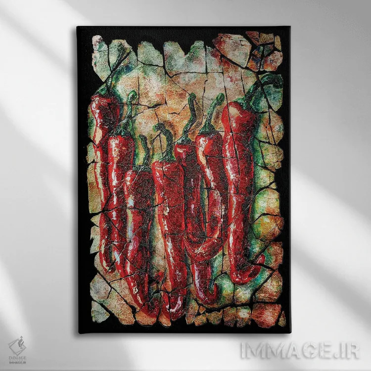 تابلو دکوراتیو فرسکوی فلفل های تند با زمینه ترک خورده اثر اولنا آرت - نمای روبهرو روی دیوار