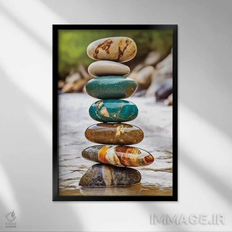 تابلو دکوراتیو تعادل ذن؛ سنگ چینی سید کنار رودخانه اثر اولنا آرت - نمای قابدار مشکی