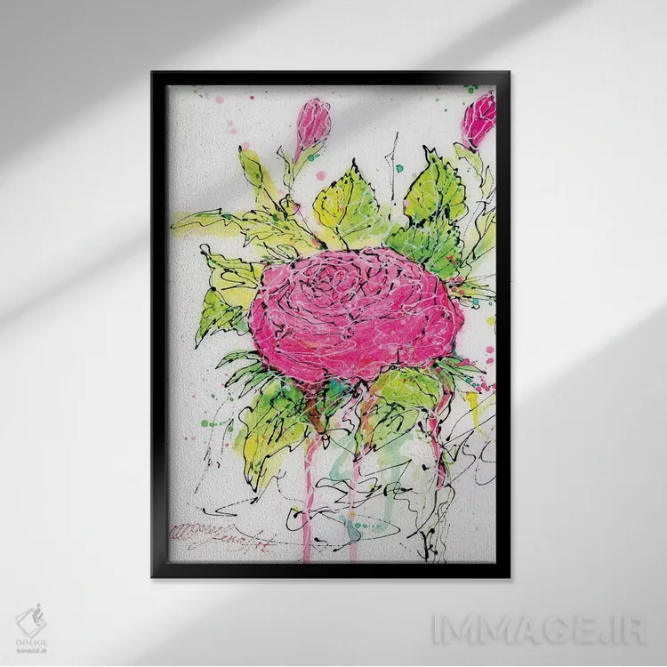 تابلو دکوراتیو رز صورتی آبرنگی اثر اولنا آرت - نمای قابدار مشکی