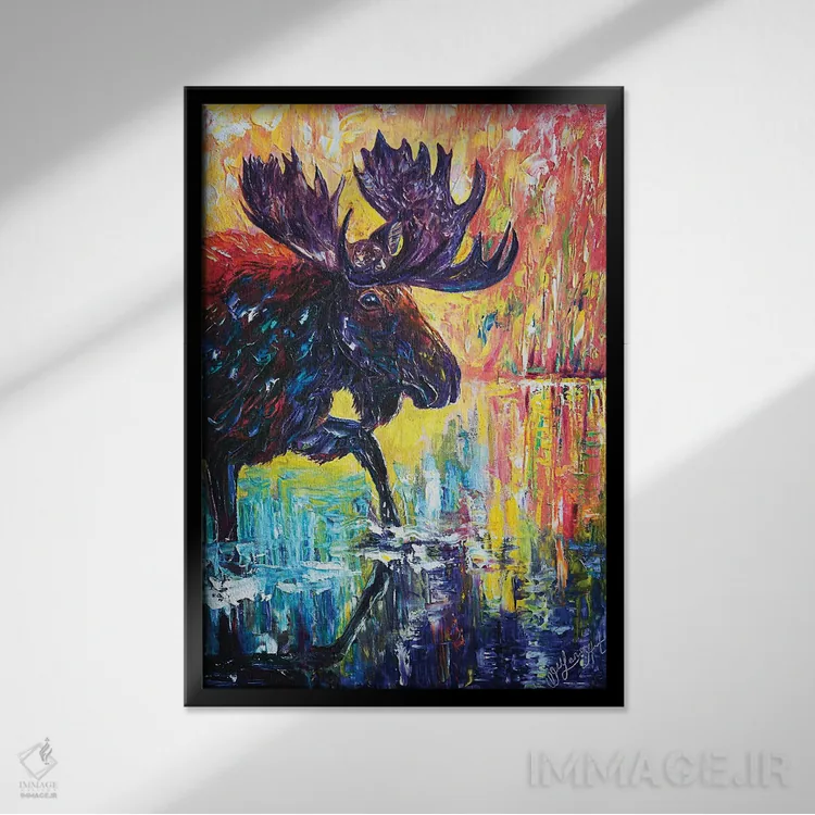 تابلو دکوراتیو گوزن شمالی اثر اولنا آرت - نمای قابدار مشکی