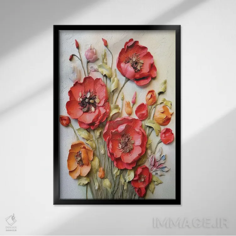 تابلو دکوراتیو راپسودی نهفته در شکوفه های شقایق به سبک ایمپاستو اثر اولنا آرت - نمای قابدار مشکی