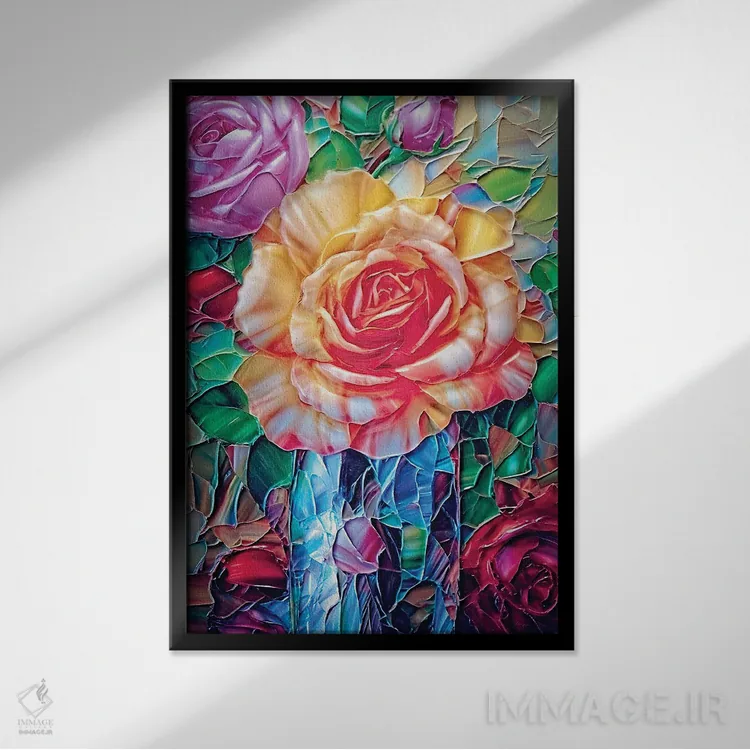 تابلو دکوراتیو رزهای انگلیسی تزئینی در گلدان آنتیک اثر اولنا آرت - نمای قابدار مشکی