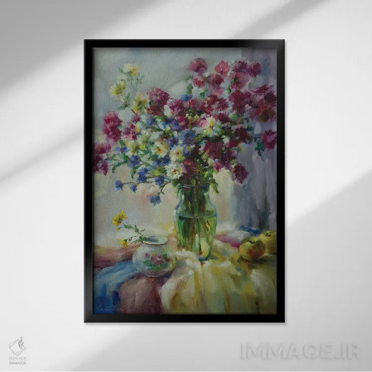 تابلو دکوراتیو گل های پاییزی با عشق تقدیم تو اثر اولا لپتیوا - نمای قابدار مشکی