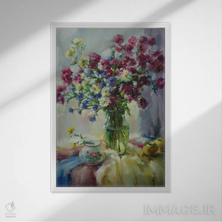 تابلو دکوراتیو گل های پاییزی با عشق تقدیم تو اثر اولا لپتیوا - نمای قابدار سفید